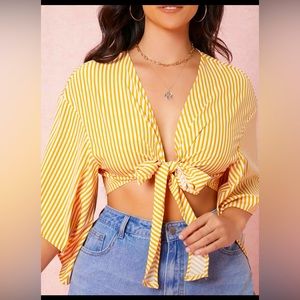 Yellow Strips Tie Front Top (Never Worn)
